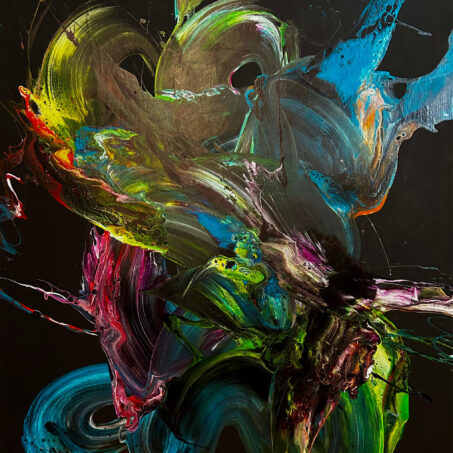 Nicole Ackerman abstract art, 'Abyss', featuring vivid pours on ultra black canvas, in electric blue, acid green, deep yellow, perfect art for conference rooms.