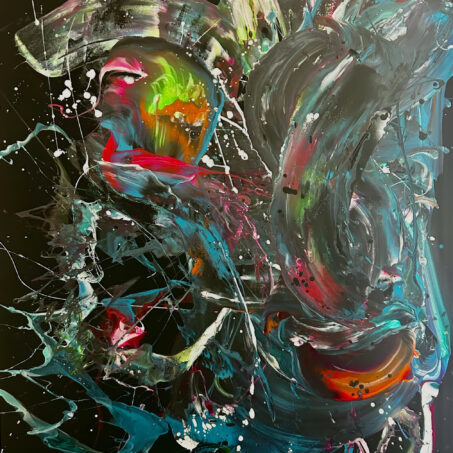 Nicole Ackerman abstract art, 'Beauty in Chaos', featuring vivid pours on ultra black canvas, in deep black, teal cyan, gunmetal gray, perfect modern executive office decor.