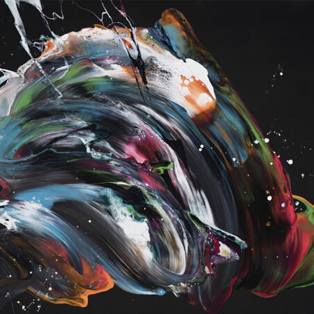 Nicole Ackerman abstract art, 'Beginning 1', featuring vivid pours on ultra black canvas, in matte black, deep turquoise, rich magenta, perfect abstract art prints for kitchen.