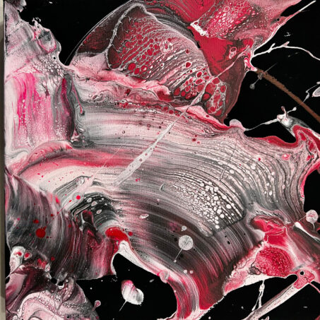 Nicole Ackerman abstract art, 'Black Velvet Rose 10', part 10 of a 12-part series, featuring vivid pours on ultra black canvas, in velvety black, silvery gray, deep crimson, perfect modern office wall decor.