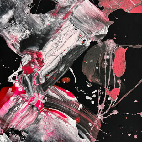 Nicole Ackerman abstract art, 'Black Velvet Rose 11', part 11 of a 12-part series, featuring vivid pours on ultra black canvas, in matte black, smoky gray, pearlescent white, perfect large canvas art for living room.