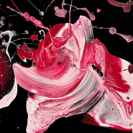Nicole Ackerman abstract art, 'Black Velvet Rose 12', part 12 of a 12-part series, featuring vivid pours on ultra black canvas, in saturated magenta, dusty pink, pure white, perfect corporate art collection.