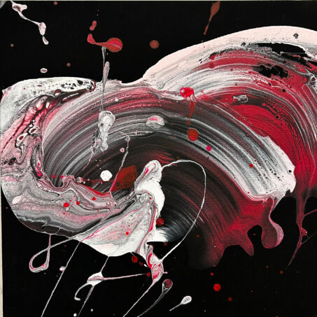 Nicole Ackerman abstract art, 'Black Velvet Rose 1', part 1 of a 12-part series, featuring vivid pours on ultra black canvas, in pitch black, metallic silver, deep crimson, perfect colorful abstract prints.