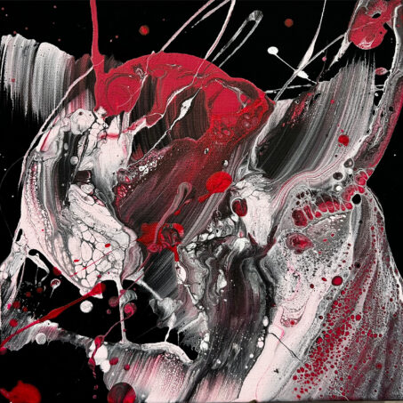 Nicole Ackerman abstract art, 'Black Velvet Rose 3', part 3 of a 12-part series, featuring vivid pours on ultra black canvas, in deep matte black, vivid crimson red, bright satin white, perfect statement piece for hallway.