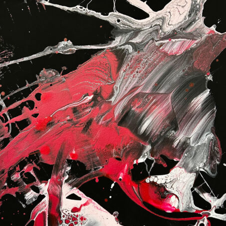 Nicole Ackerman abstract art, 'Black Velvet Rose 4', part 4 of a 12-part series, featuring vivid pours on ultra black canvas, in deep matte black, intense crimson red, soft bone white, perfect contemporary gallery wall.