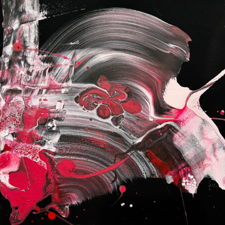 Nicole Ackerman abstract art, 'Black Velvet Rose 5', part 5 of a 12-part series, featuring vivid pours on ultra black canvas, in matte black, silvery gray, crimson red, perfect industrial loft art.