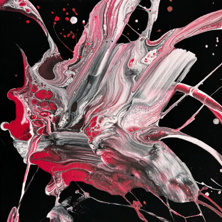 Nicole Ackerman abstract art, 'Black Velvet Rose 6', part 6 of a 12-part series, featuring vivid pours on ultra black canvas, in jet black, crimson red, silver-gray, perfect waiting room wall art.