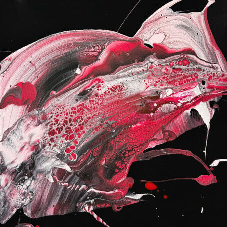 Nicole Ackerman abstract art, 'Black Velvet Rose 7', part 7 of a 12-part series, featuring vivid pours on ultra black canvas, in pitch black, vivid scarlet, pearly white, perfect art for conference rooms.