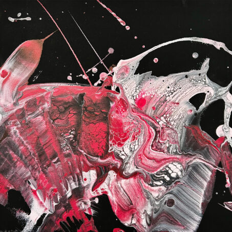 Nicole Ackerman abstract art, 'Black Velvet Rose 8', part 8 of a 12-part series, featuring vivid pours on ultra black canvas, in deep black, vivid crimson red, bubblegum pink, perfect art for nursery.