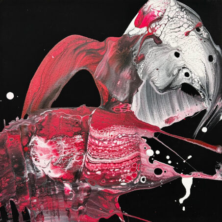 Nicole Ackerman abstract art, 'Black Velvet Rose 9', part 9 of a 12-part series, featuring vivid pours on ultra black canvas, in carbon black, oxblood red, pearl white, perfect abstract art prints for kitchen.