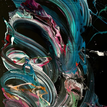Nicole Ackerman abstract art, 'Color Vibration', featuring vivid pours on ultra black canvas, in deep teal, turquoise blue, hot magenta, perfect corporate art collection.