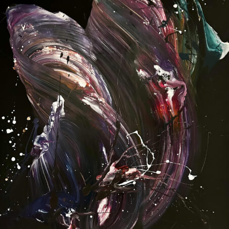 Nicole Ackerman abstract art, 'Color Wave', featuring vivid pours on ultra black canvas, in blackest black, deep violet, magenta plum, perfect colorful abstract prints.