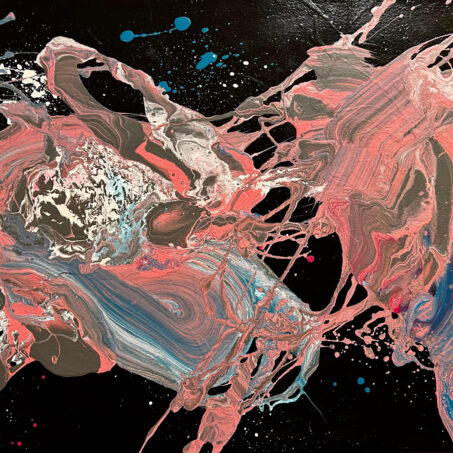 Nicole Ackerman abstract art, 'Cosmic Creation', featuring vivid pours on ultra black canvas, in coral pink, steel gray, icy blue, perfect minimalist bedroom art.