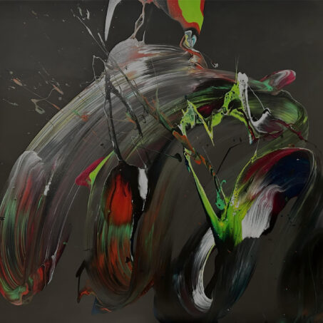 Nicole Ackerman abstract art, 'Crimson', featuring vivid pours on ultra black canvas, in smoky charcoal black, deep crimson red, emerald green, perfect statement piece for hallway.