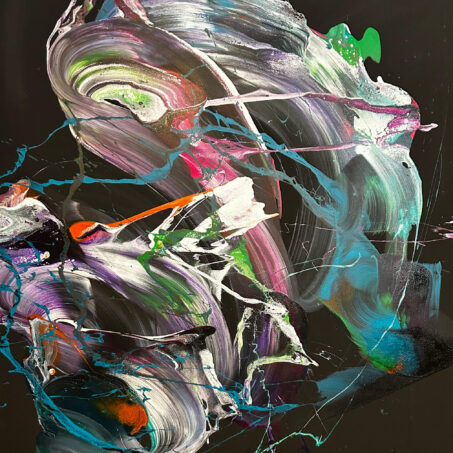 Nicole Ackerman abstract art, 'Depth Of Darkness', featuring vivid pours on ultra black canvas, in matte black, pearlescent white, violet gray, perfect industrial loft art.