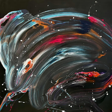 Nicole Ackerman abstract art, 'Eclipse Of Radiance', featuring vivid pours on ultra black canvas, in smoky gray, turquoise-blue, deep coal black, perfect waiting room wall art.