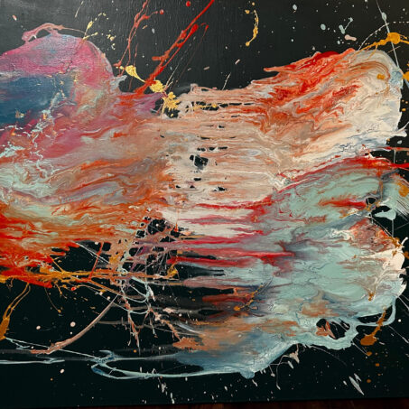 Nicole Ackerman abstract art, 'Ethereal Ecosystem', featuring vivid pours on ultra black canvas, in fiery red-orange, pale aqua, bone white, perfect art for conference rooms.