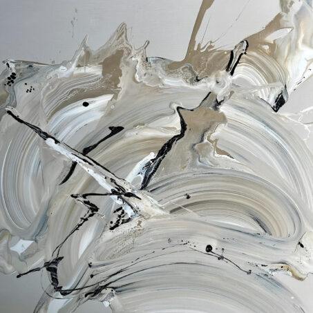 Nicole Ackerman abstract art, 'Harmony Disrupted', featuring vivid pours on ultra black canvas, in warm taupe, creamy white, charcoal black, perfect abstract art prints for kitchen.