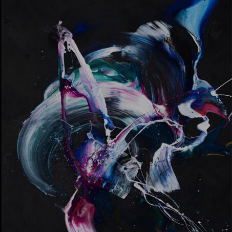 Nicole Ackerman abstract art, 'Inspiration', featuring vivid pours on ultra black canvas, in matte black, translucent aqua, electric blue, perfect large canvas art for living room.