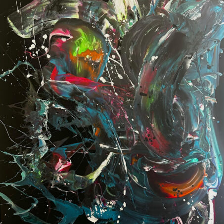 Nicole Ackerman abstract art, 'Kaleidoscope Unbound', featuring vivid pours on ultra black canvas, in charcoal black, electric teal, hot magenta, perfect corporate art collection.