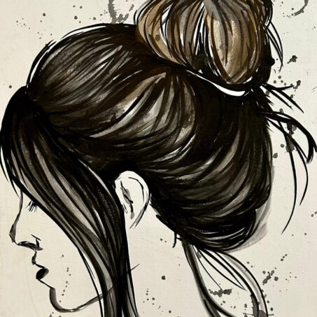 Nicole Ackerman abstract art, 'Lost Girl', featuring vivid pours on ultra black canvas, in charcoal black, warm ashy brown, pale gray, perfect colorful abstract prints.