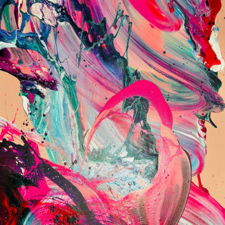 Nicole Ackerman abstract art, 'Love Bomb', featuring vivid pours on ultra black canvas, in electric fuchsia, aqua teal, deep blue-black, perfect minimalist bedroom art.