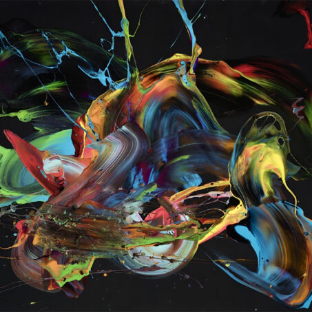 Nicole Ackerman abstract art, 'Love Nest', featuring vivid pours on ultra black canvas, in electric blue, vivid lime green, fiery orange, perfect statement piece for hallway.