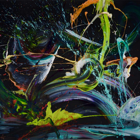 Nicole Ackerman abstract art, 'Miami Nights', featuring vivid pours on ultra black canvas, in pitch black, luminous teal, electric lime green, perfect contemporary gallery wall.