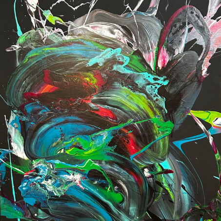 Nicole Ackerman abstract art, 'Shadow Of Creativity', featuring vivid pours on ultra black canvas, in obsidian black, vivid turquoise, deep cerulean blue, perfect waiting room wall art.