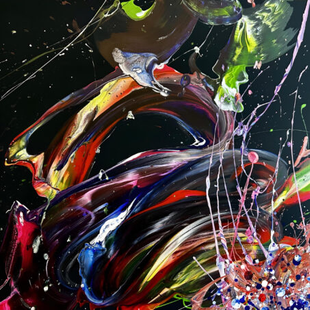 Nicole Ackerman abstract art, 'Spectrum Shift', featuring vivid pours on ultra black canvas, in cherry red, electric blue, maroon, perfect art for conference rooms.