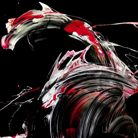 Nicole Ackerman abstract art, 'Tequila Sunrise', featuring vivid pours on ultra black canvas, in inky black, vivid crimson, ice white, perfect art for nursery.