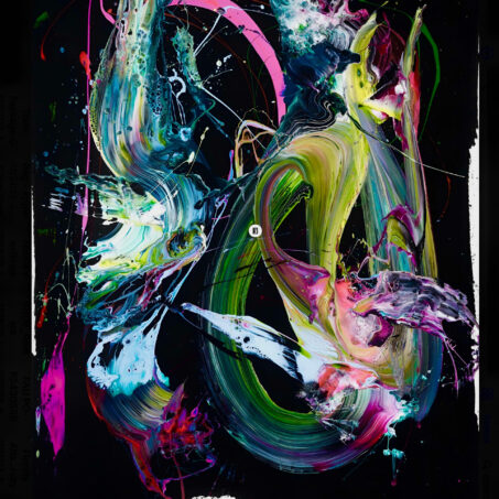 Nicole Ackerman abstract art, 'Timeline', featuring vivid pours on ultra black canvas, in electric teal, chartreuse yellow, neon pink, perfect abstract art prints for kitchen.